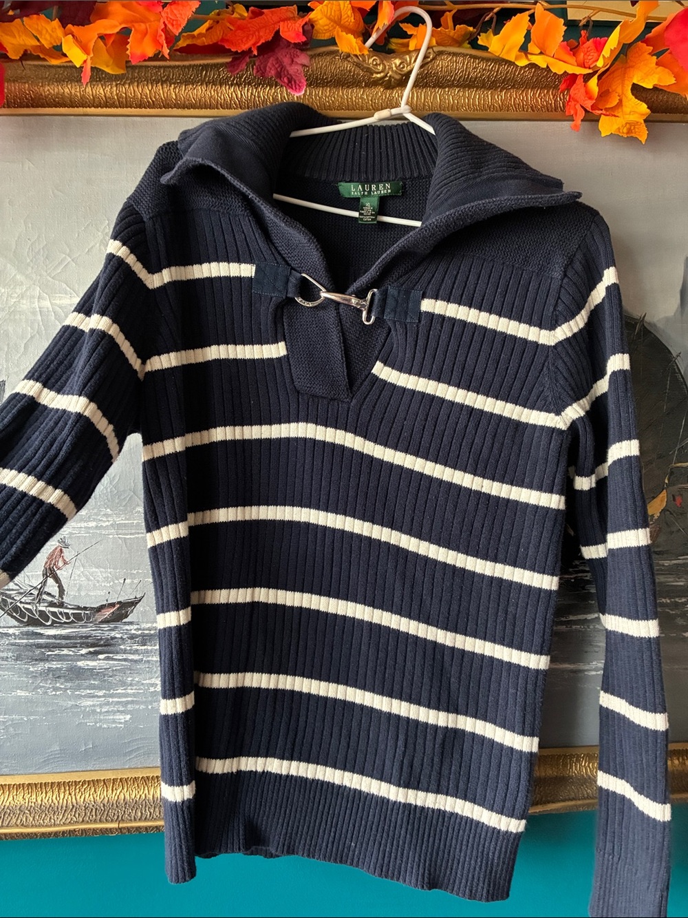 Vintage Lauren Ralph Lauren Navy Striped Cotton Clasp Sweater (fits S-M)